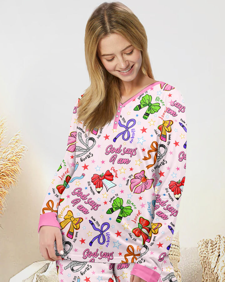 Pencil Bows God Says I Am Bamboo Women Pajama Set
