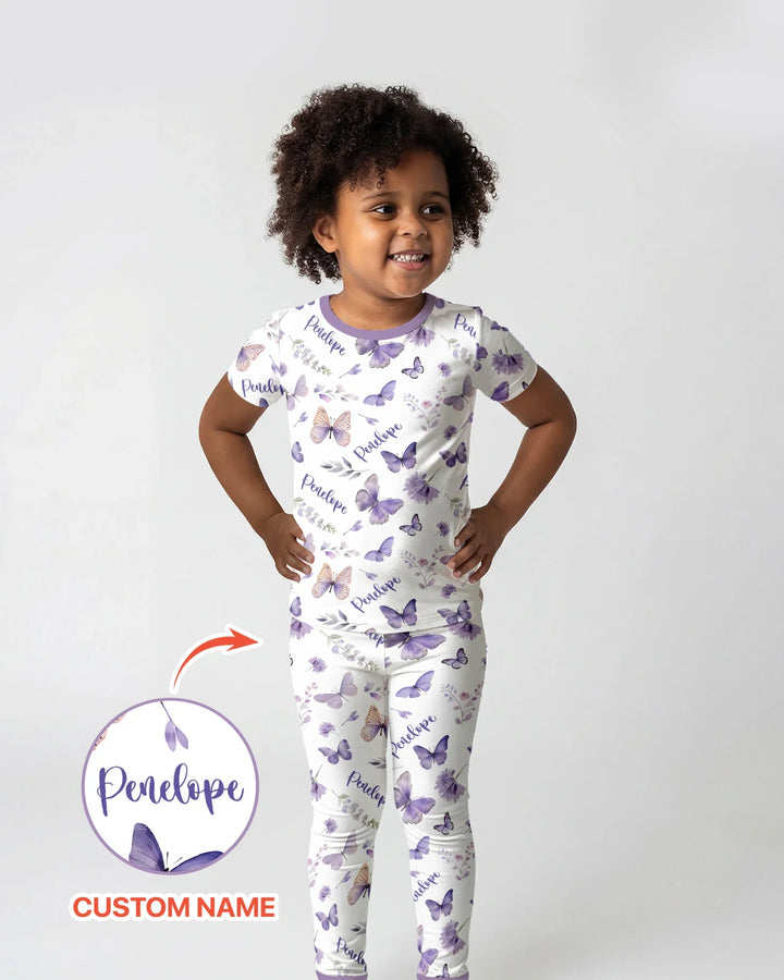 Custom Name Lilac Bloom Bamboo Two Piece Short Sleeve Pajama Set