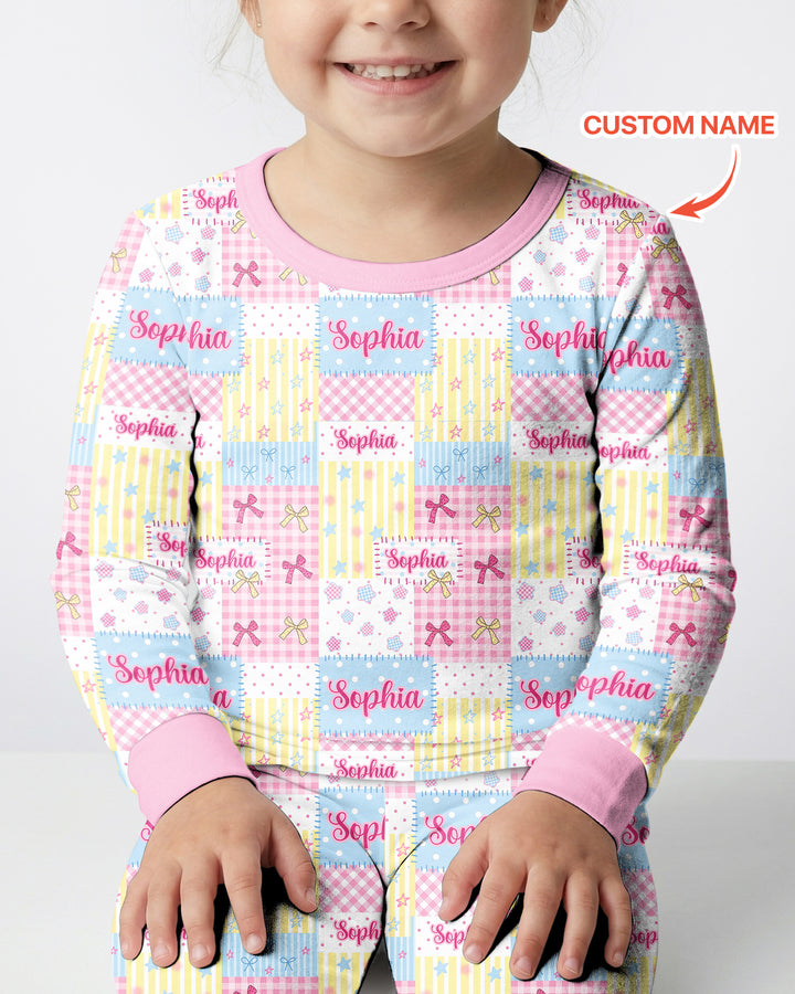 Custom Name Sweet Patchwork Bamboo Two Piece Long Sleeve Pajama Set
