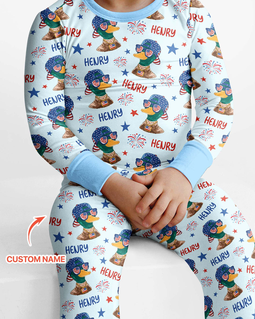 Custom Name Patriotic Mallard Duck Bamboo Two Piece Long Sleeve Pajama Set