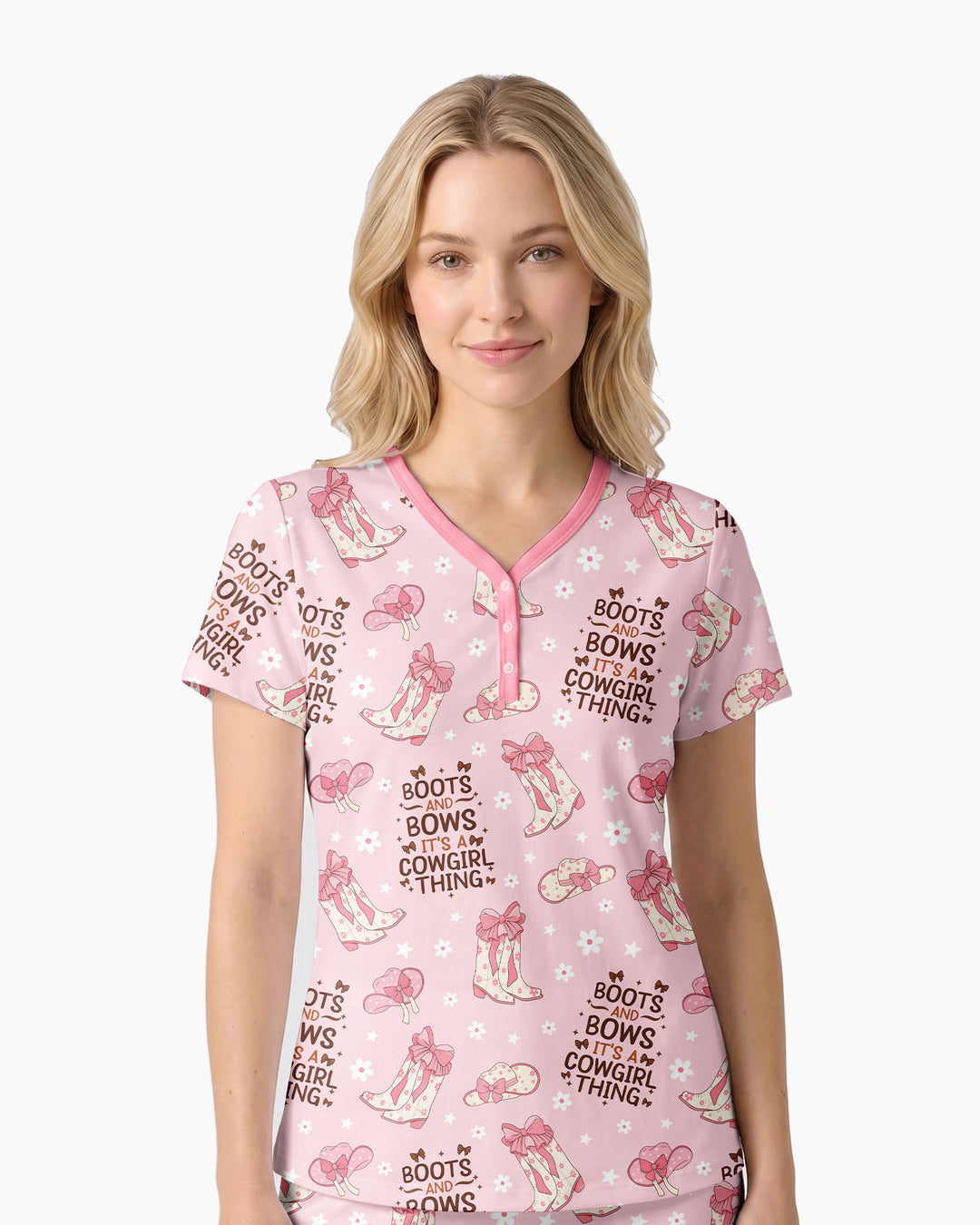 Western Cowgirl Boots And Bows Bamboo Women Short Sleeve Short Pajama Set
