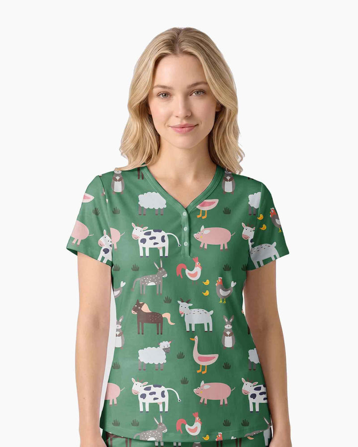 Green farm animals Bamboo Women Short Sleeve Short Pajama Set