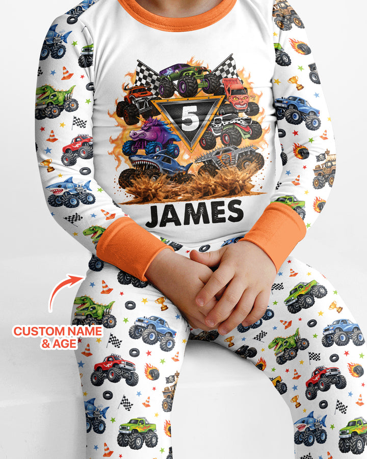 Personalized Monster Trucks Birthday Boy Bamboo Two Piece Long Sleeve Pajama Set