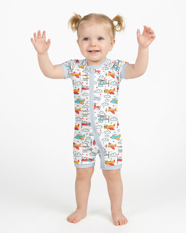 Airplanes and Helicopters Bamboo Shorty Zippered Romper