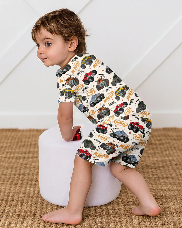 Vroom Vroom Monster Truck Bamboo Two Piece Short Sleeve Shorts Pajama Set