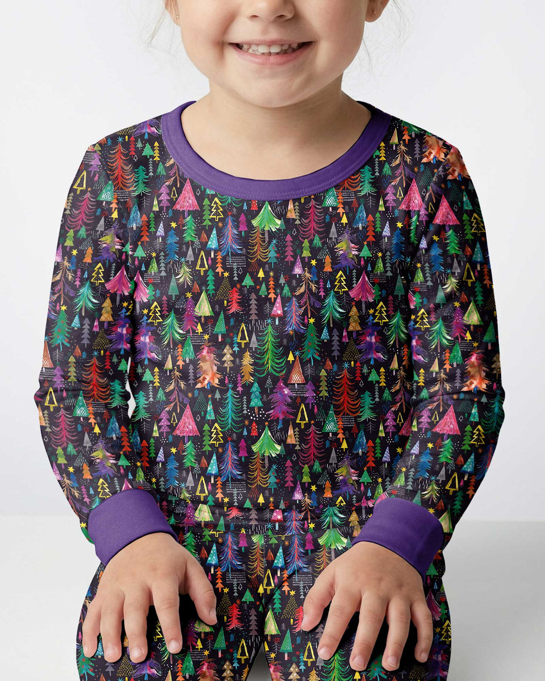 Christmas Holiday Colorful Trees Bamboo Two Piece Long Sleeve Pajama Set