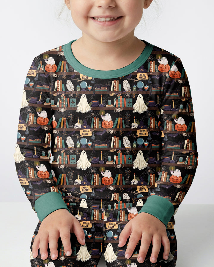 Cute Ghost Witchy Halloween Magic Library Bamboo Two Piece Long Sleeve Pajama Set