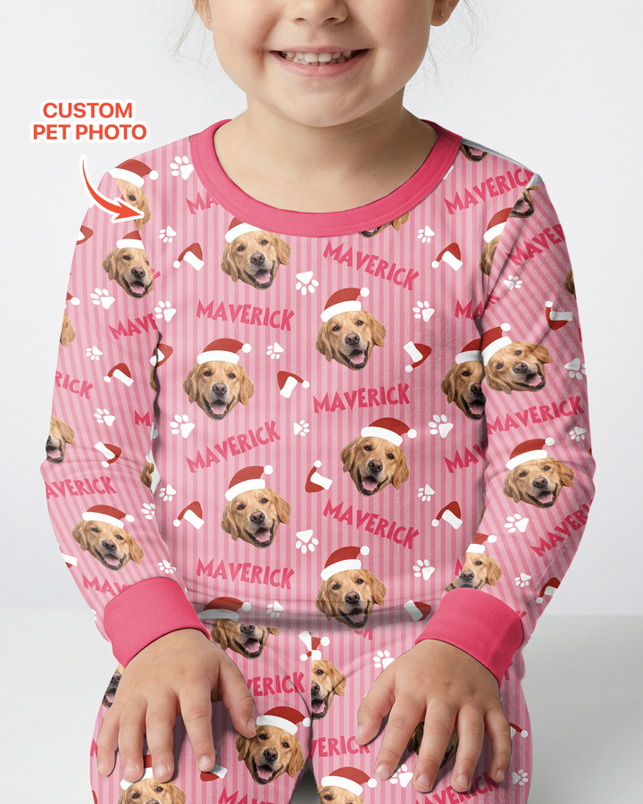 Custom Pet Photo Christmas Paws Stripe Bamboo Two Piece Long Sleeve Pajama Set