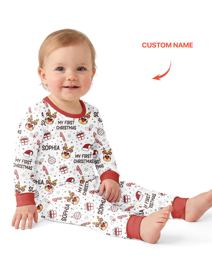 Custom Name Reindeer Doodle My First Christmas Bamboo Two Piece Long Sleeve Pajama Set