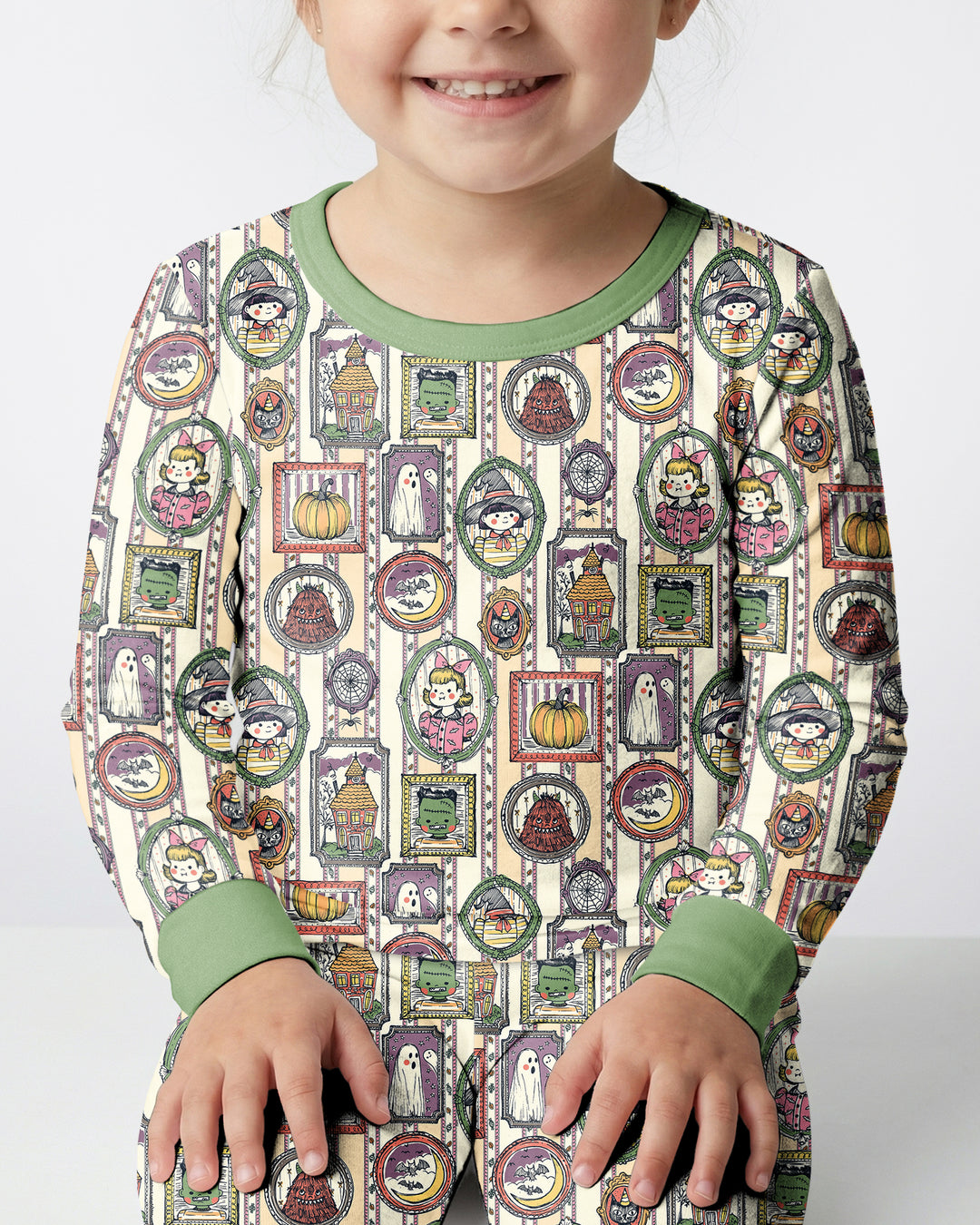 Vintage Halloween Ghost Pumpkin Portraits Bamboo Two Piece Long Sleeve Pajama Set