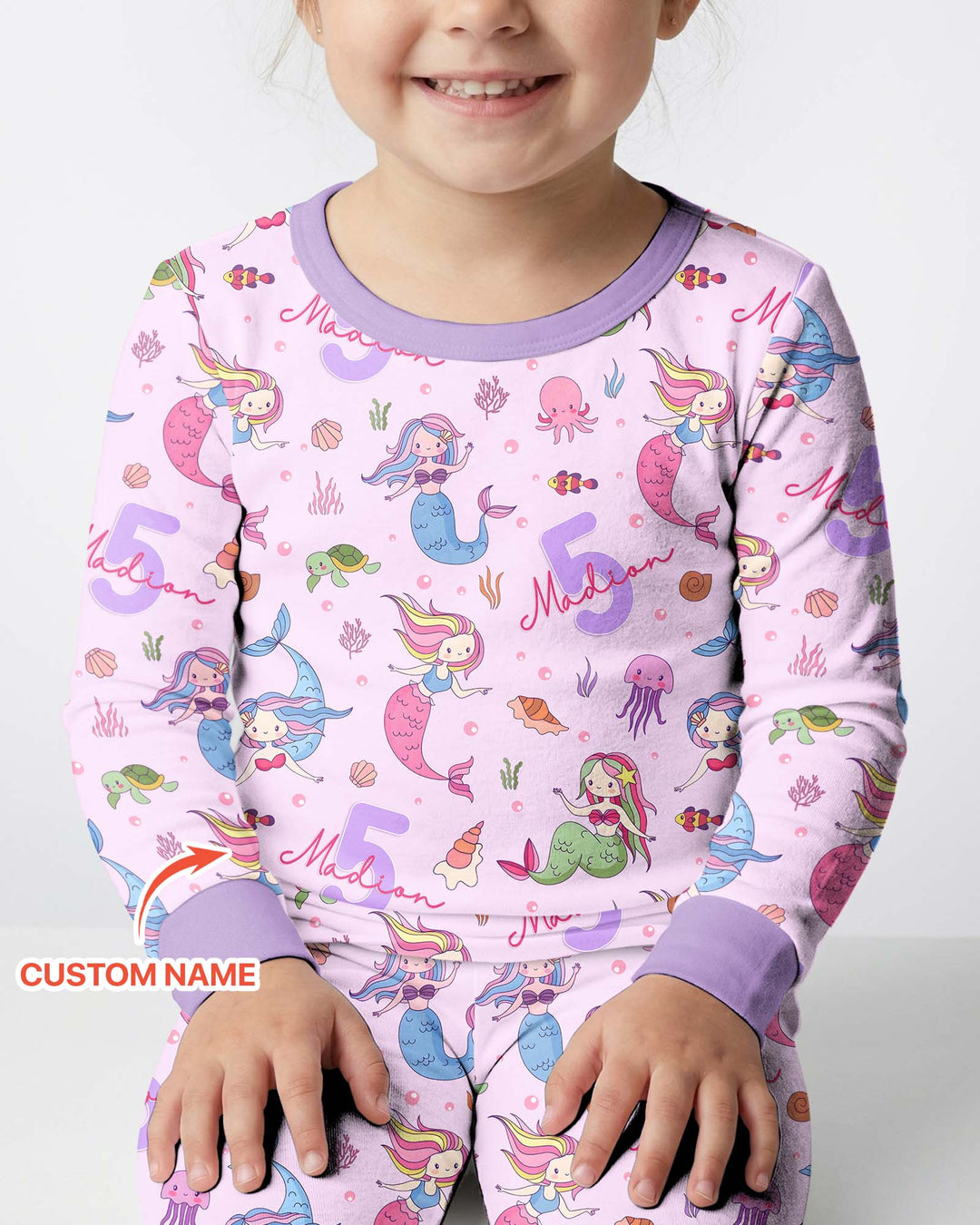 Custom Name Birthday Mermaid Bamboo Two Piece Long Sleeve Pajama Set