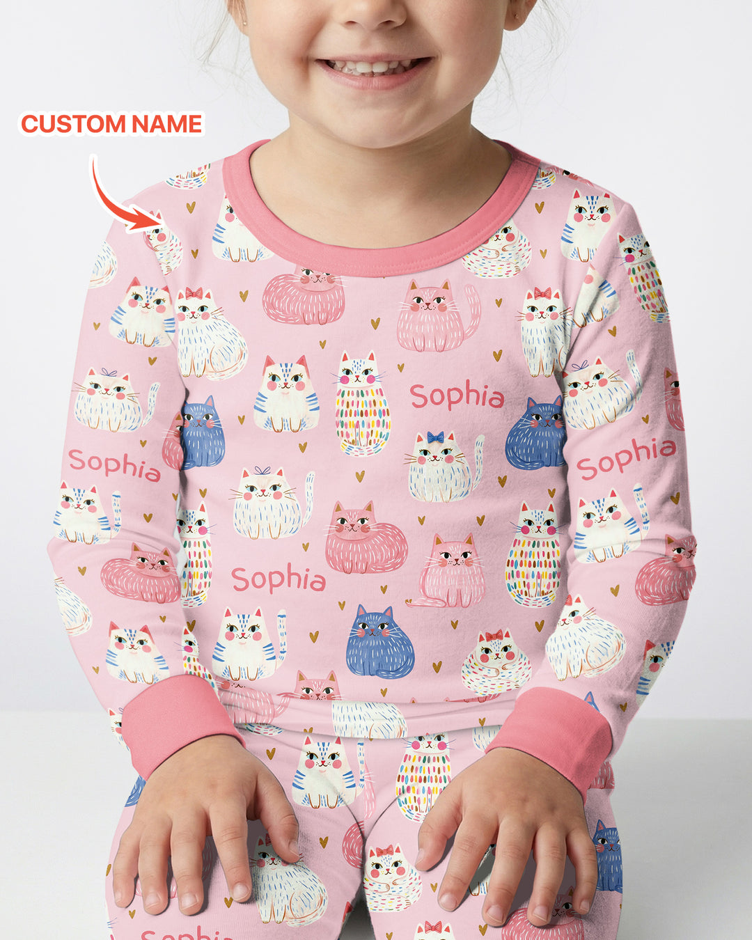 Custom Name Cute Pastel Cat Bamboo Two Piece Long Sleeve Pajama Set