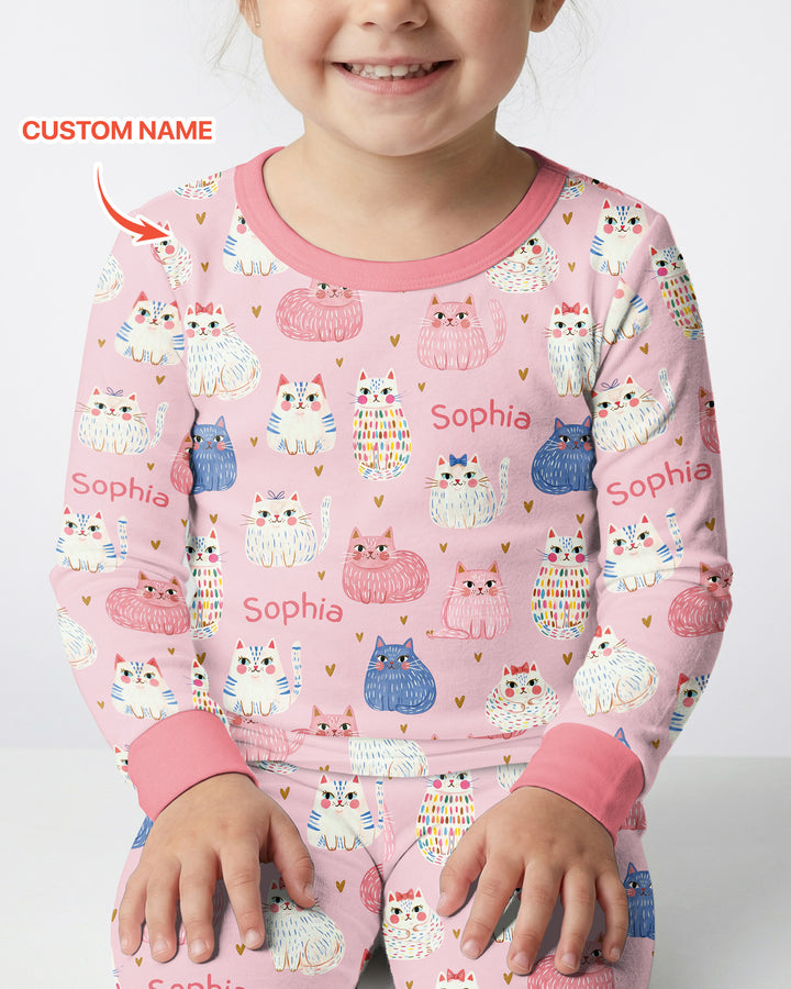 Custom Name Cute Pastel Cat Bamboo Two Piece Long Sleeve Pajama Set