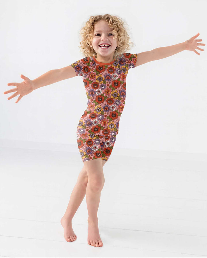 70s Halloween Floral Bamboo Two Piece Short Sleeve Shorts Pajama Set