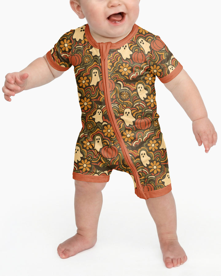 Retro Halloween Ghost Pumpkin Floral Bamboo Shorty Zippy