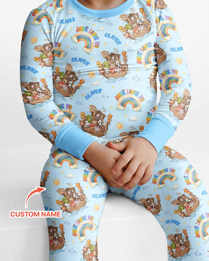 Custom Name Jesus Loves Me Noah's Ark Bamboo Two Piece Long Sleeve Pajama Set