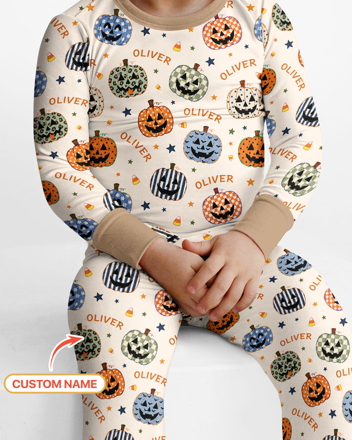 Custom Name Colorful Jack O Lantern Bamboo Two Piece Long Sleeve Pajama Set