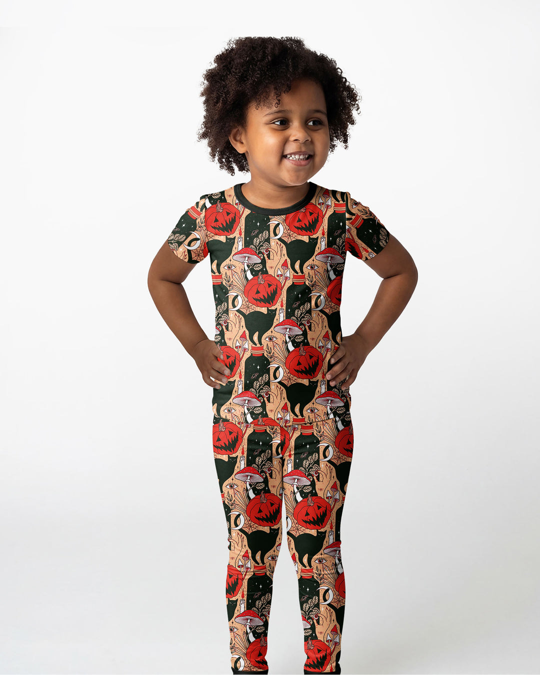 Black Cat And Pumpkin Halloween Bamboo Two Piece Short Sleeve Pajama Set