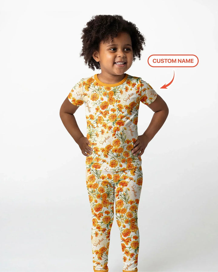 Custom Name Birth Month Flowers Bamboo Two Piece Short Sleeve Pajama Set