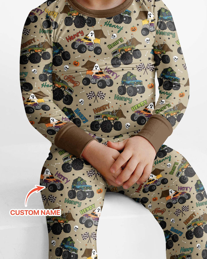 Custom Name Halloween Creepy Crusher Family Matching Bamboo Two Piece Long Sleeve Pajama Set