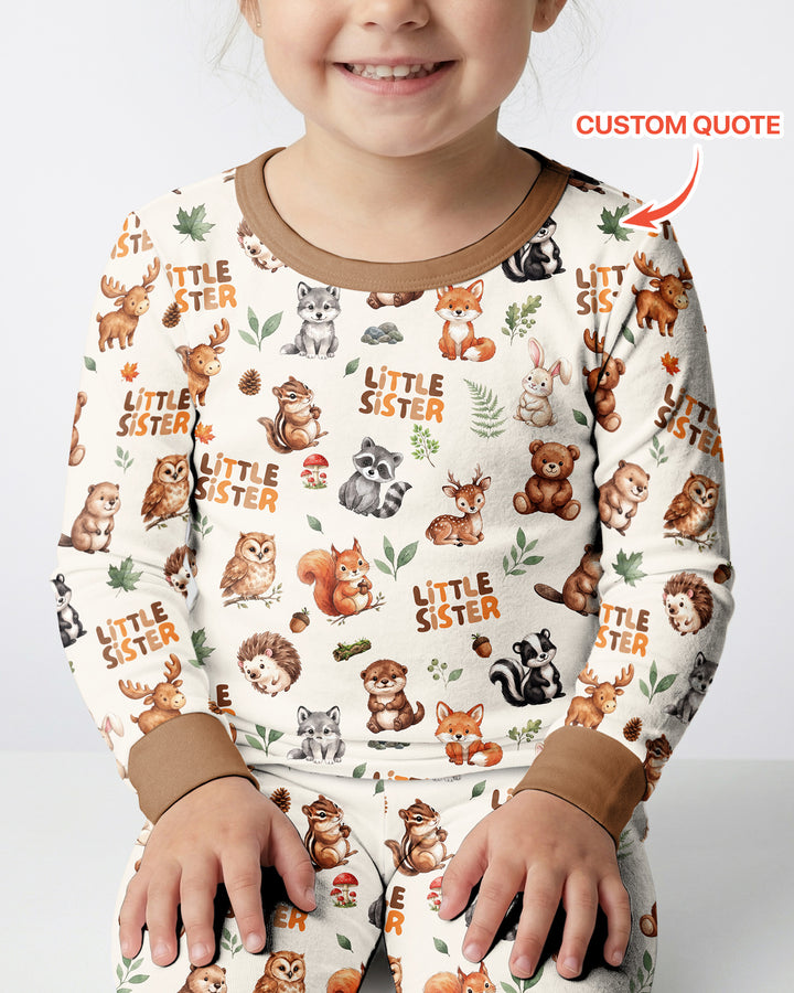 Custom Quote Woodland Animal Matching Sibling Bamboo Two Piece Long Sleeve Pajama Set