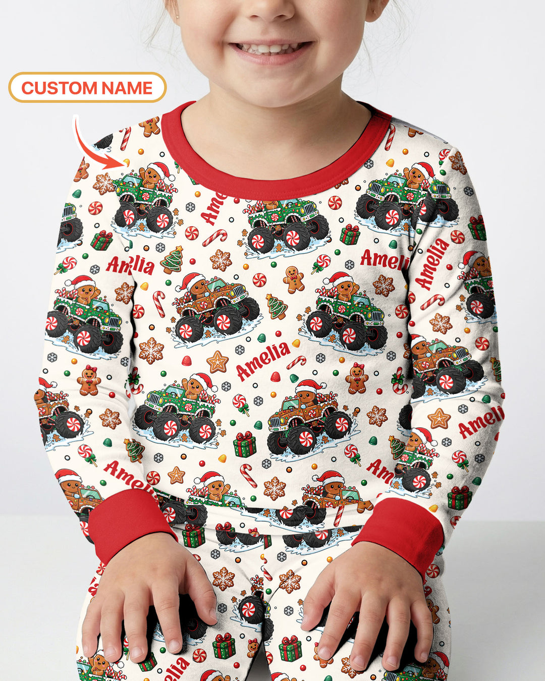 Custom Name Monster Truck Gingerbread Bamboo Two Piece Long Sleeve Pajama Set