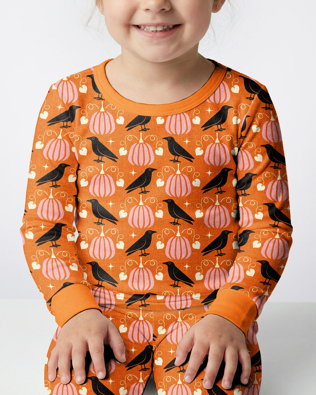 Ravens in a Pumpkin Patch - Orange Pink Bamboo Two Piece Long Sleeve Pajama Set