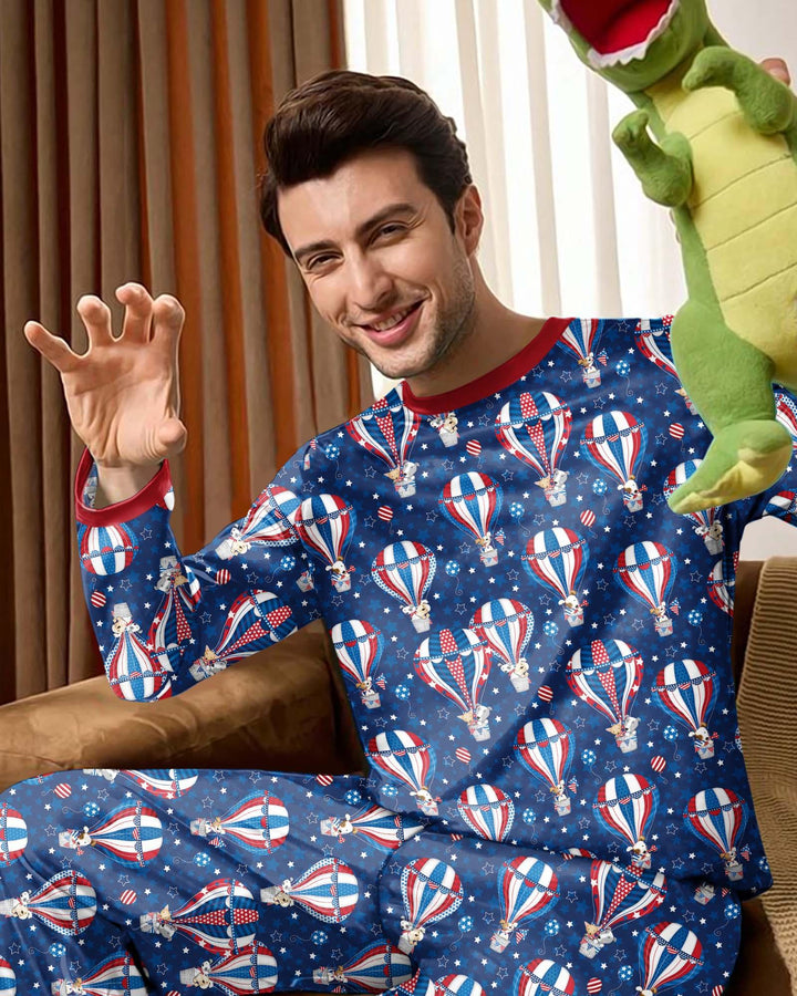 Patriotic Pups in Hot Air Balloons Family Matching Bamboo Men's Pajama Set