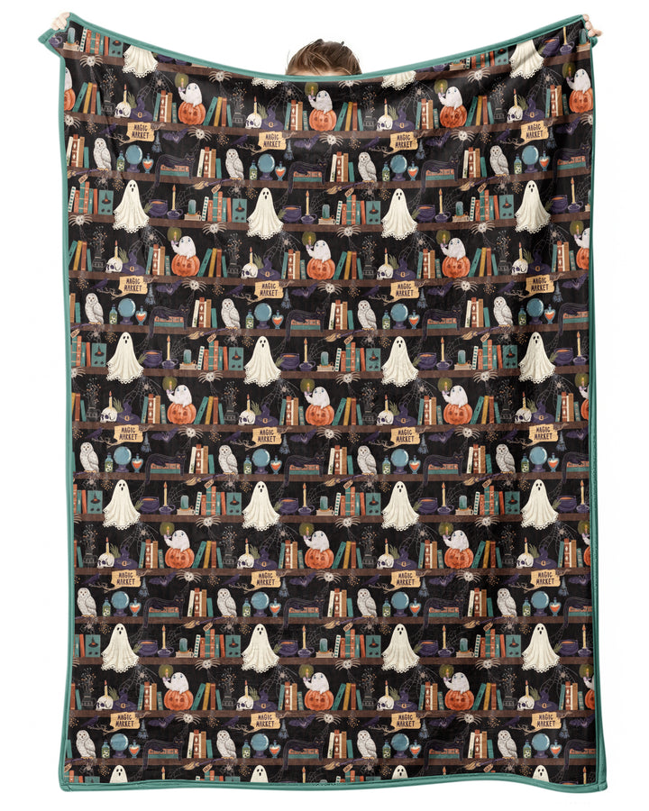 Cute Ghost Witchy Halloween Magic Library Bamboo Blanket