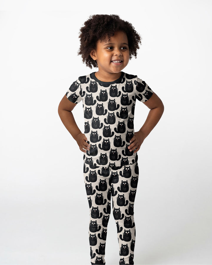 Moody Black Cats in Black and White Bamboo Two Piece Short Sleeve Pajama Set