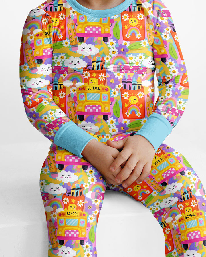 Retro Happy Classroom Bamboo Two Piece Long Sleeve Pajama Set