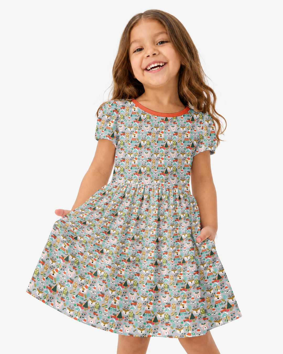 Christmas Woodland Deer Fox Bear Bamboo Twirl Dress