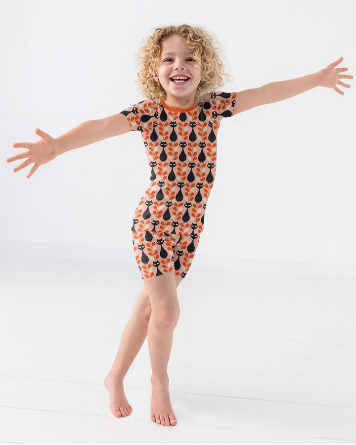 Retro Black Cat Garden Bamboo Two Piece Short Sleeve Shorts Pajama Set