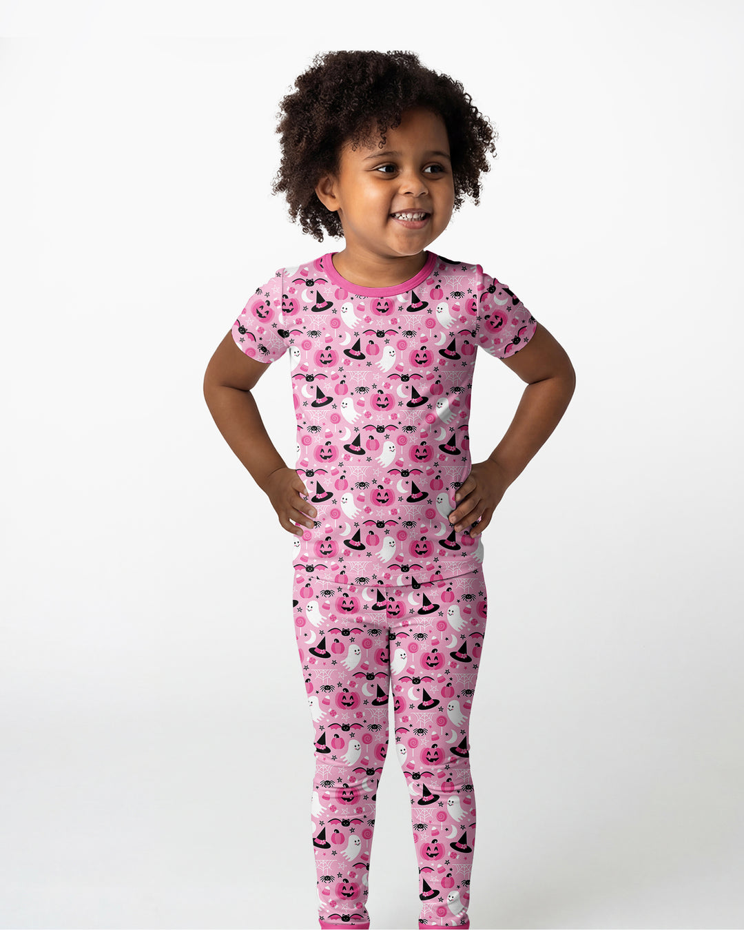 Cute Pink Halloween Ghost Pumpkin Witch Bamboo Two Piece Short Sleeve Pajama Set