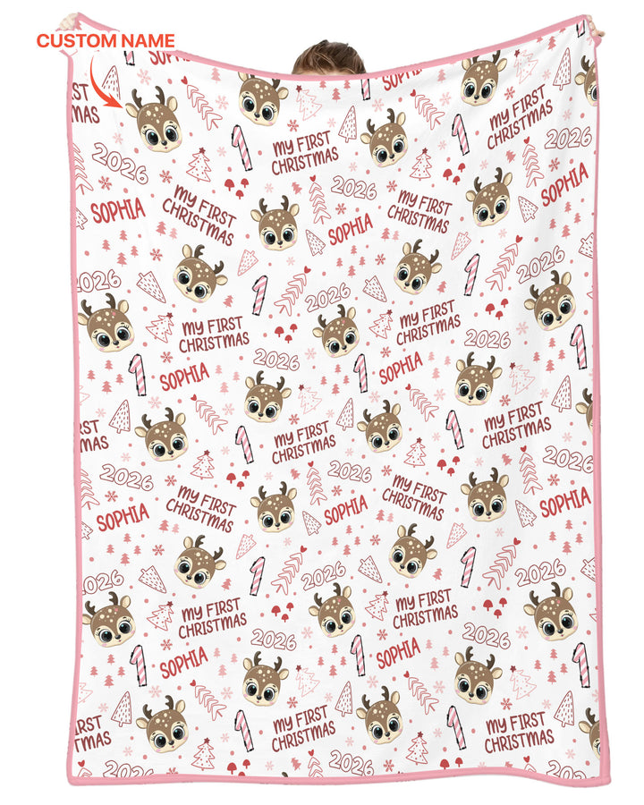 Custom Name Cute Reindeer My First Christmas Bamboo Blanket