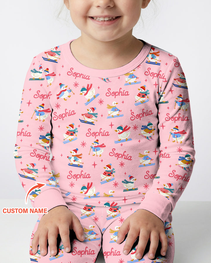 Custom Name Skiing Goose Bamboo Two Piece Long Sleeve Pajama Set
