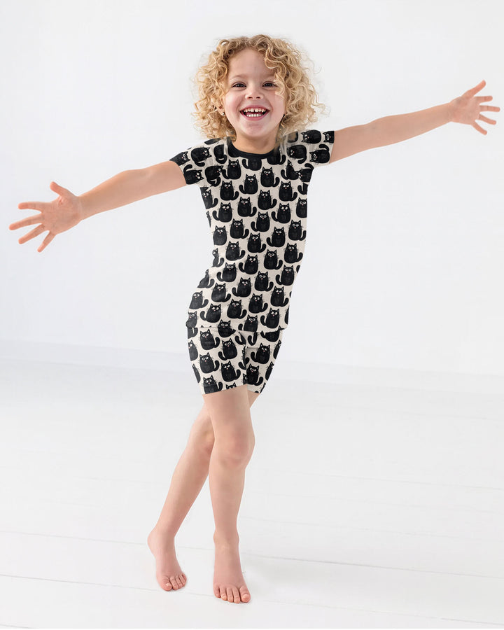 Moody Black Cats in Black and White Bamboo Two Piece Short Sleeve Shorts Pajama Set