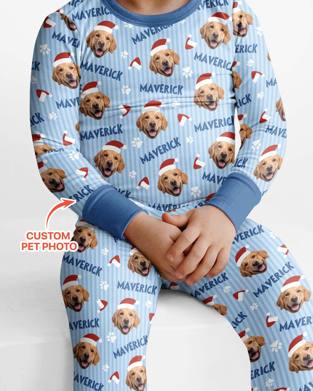 Custom Pet Photo Christmas Paws Stripe Bamboo Two Piece Long Sleeve Pajama Set