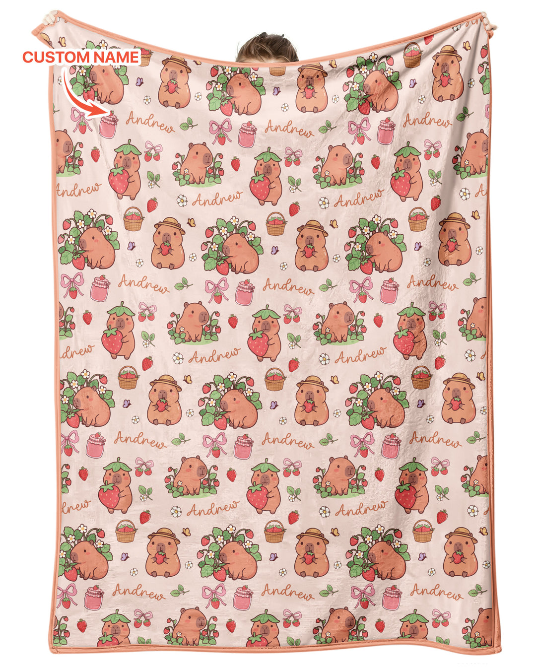 Custom Name Capybara Strawberry Bamboo Blanket