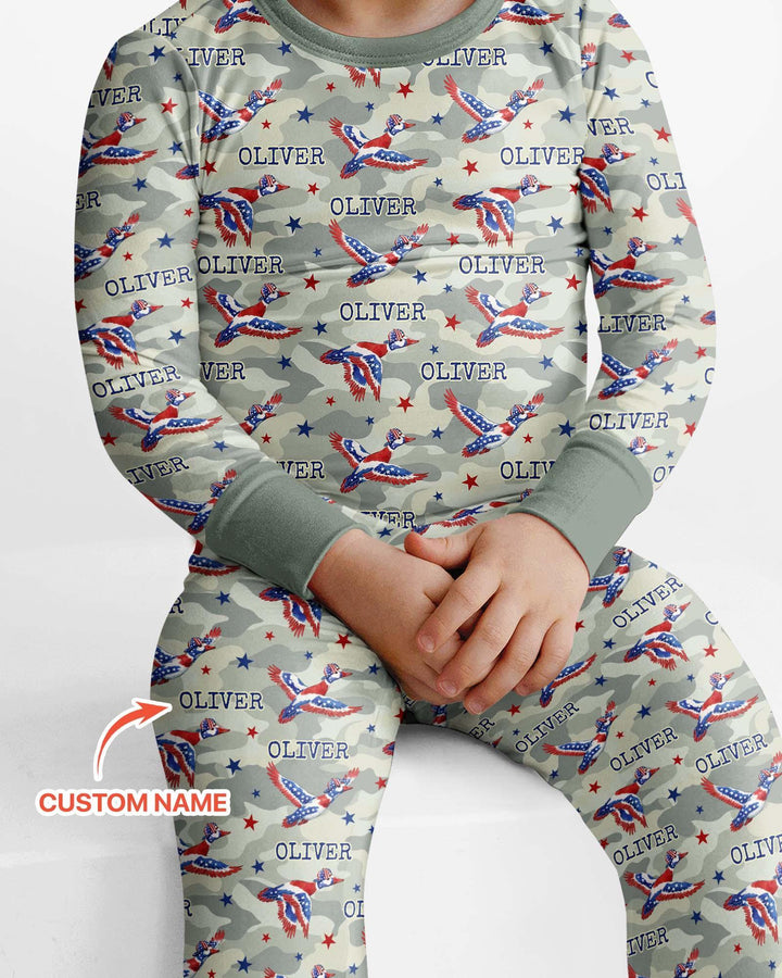 Custom Name America Mallard Duck Family Matching Bamboo Two Piece Long Sleeve Pajama Set