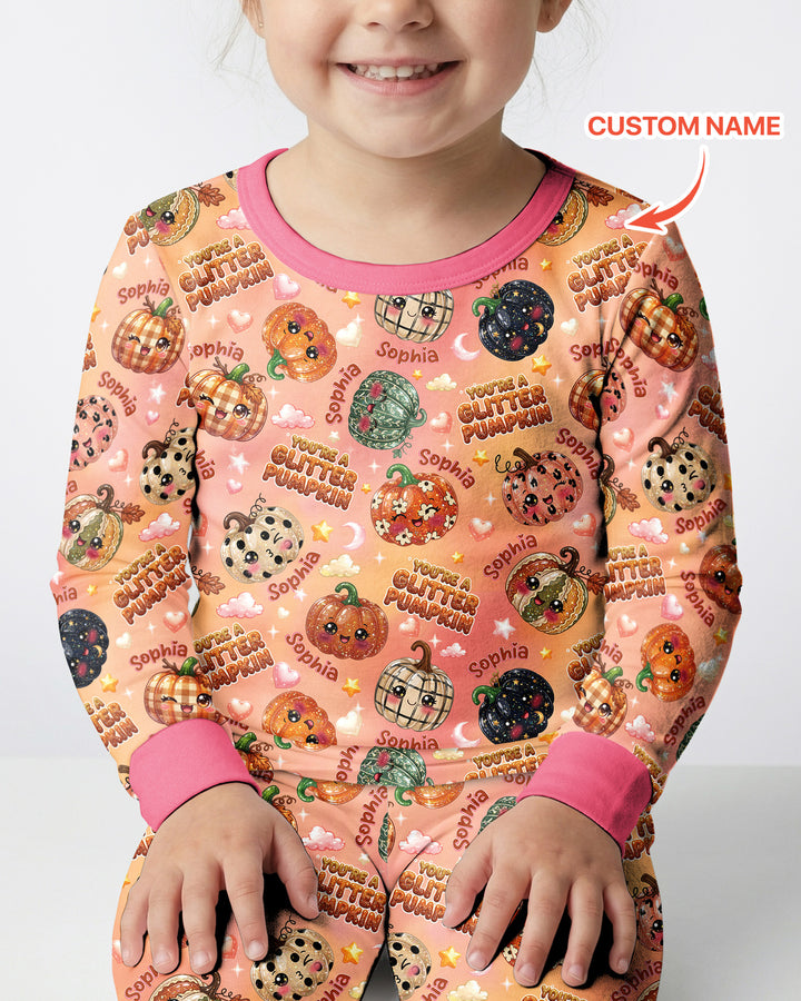 Custom Name You're A Glitter Pumpkin Bamboo Two Piece Long Sleeve Pajama Set