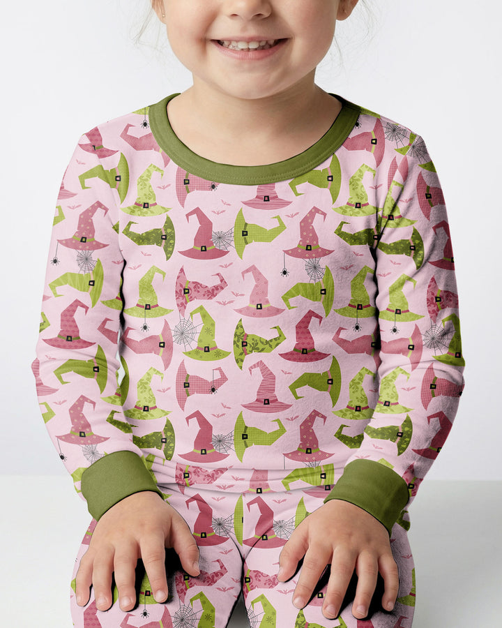 Pink Witch Hat Halloween Bamboo Two Piece Long Sleeve Pajama Set