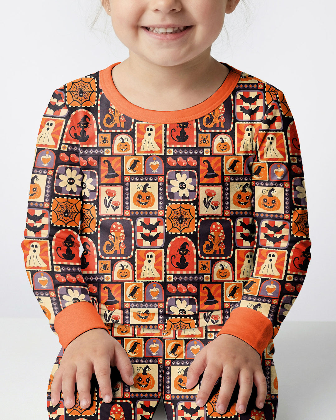 Retro Halloween Patchwork Icons Bamboo Two Piece Long Sleeve Pajama Set