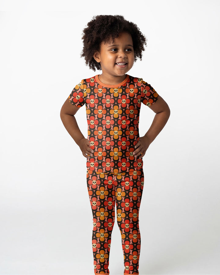 Retro Skull Flower Halloween Bamboo Two Piece Short Sleeve Pajama Set