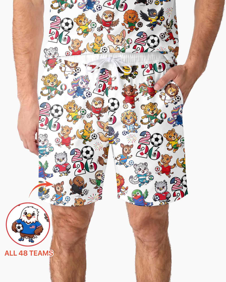 Kawaii Animals Soccer Tour 2026 Family Matching Bamboo Men Short Sleeve Short Pajama Set