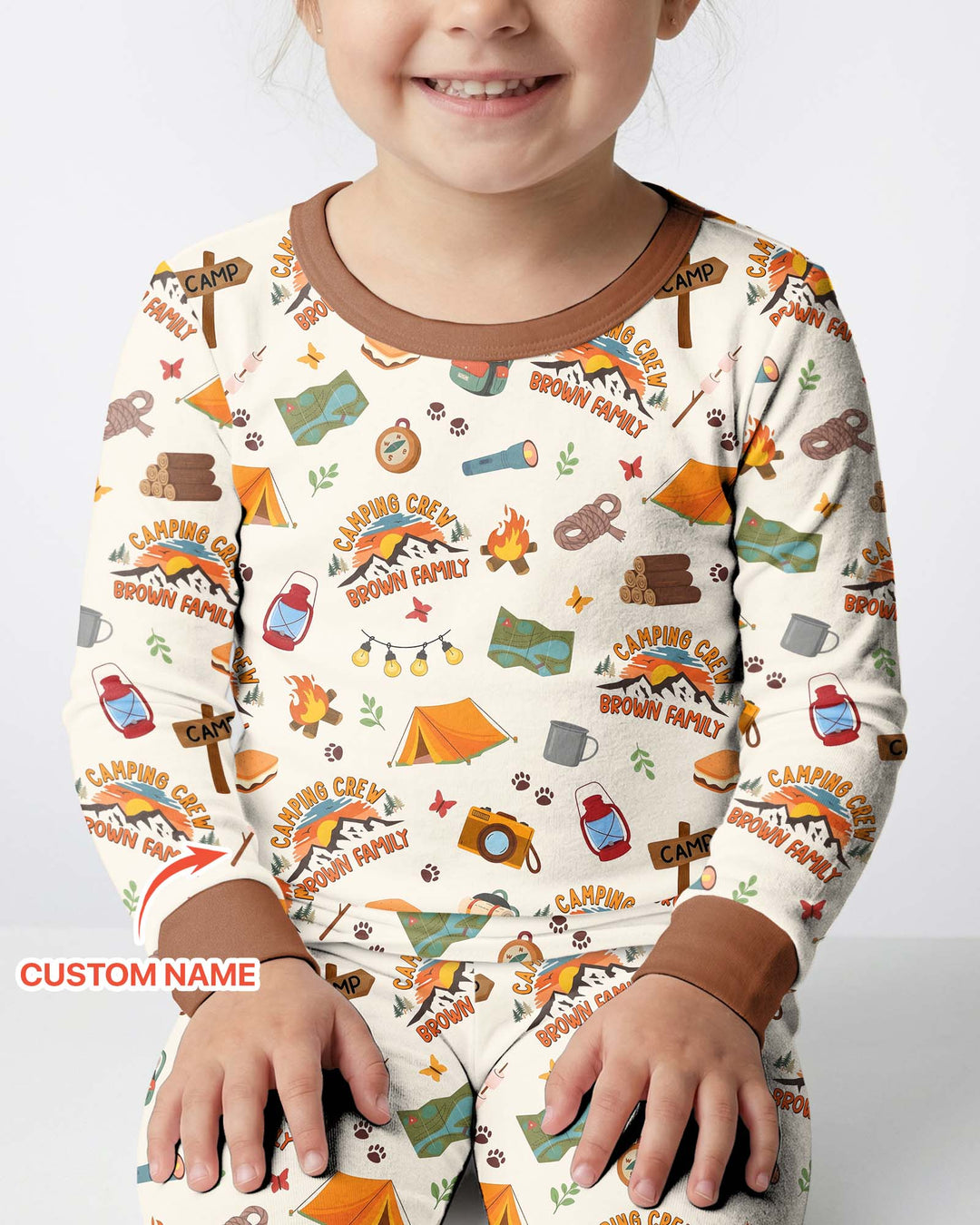Custom Name Camping Crew Family Matching Bamboo Two Piece Long Sleeve Pajama Set
