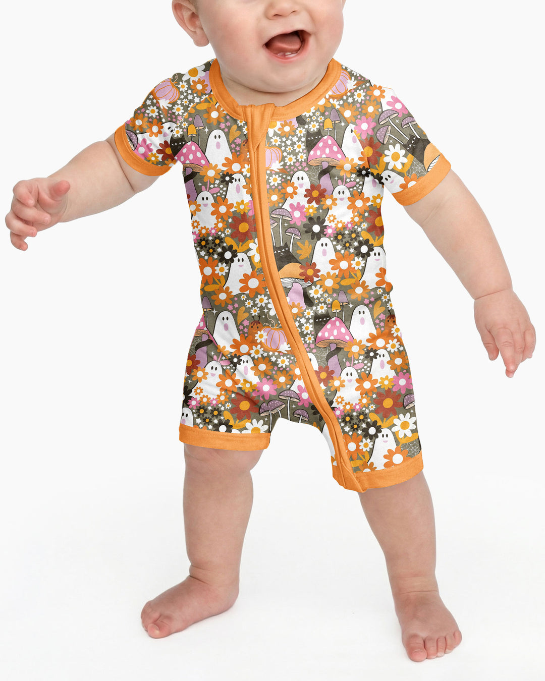 Retro Ghost Mushroom Floral Halloween Bamboo Shorty Zippy