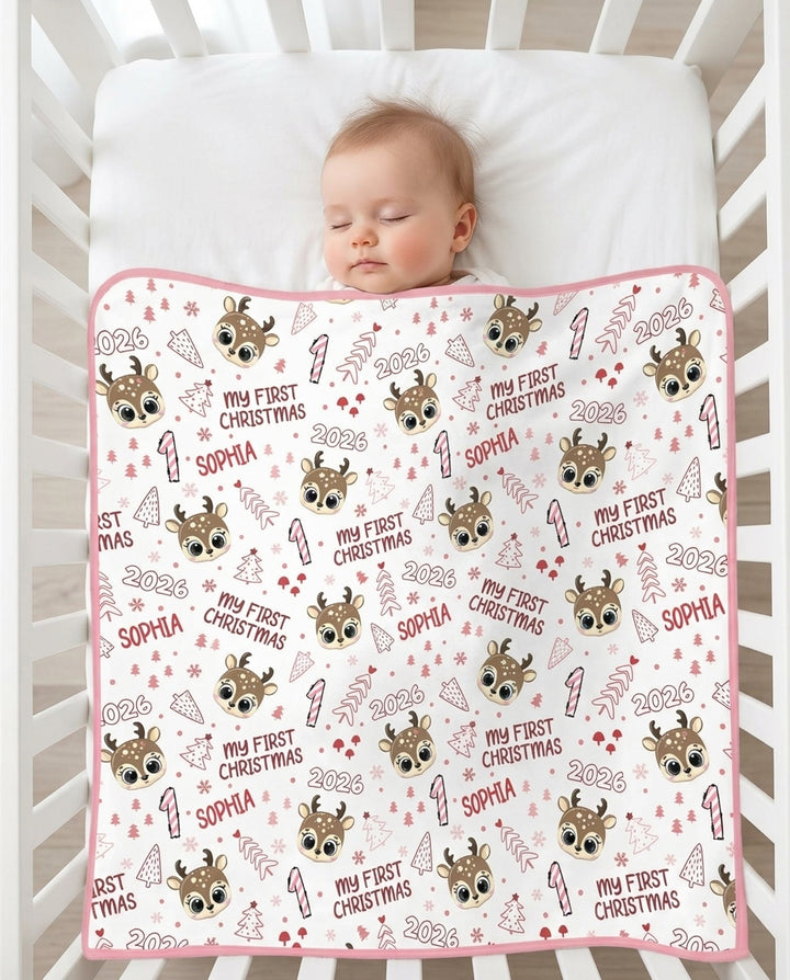 Custom Name Cute Reindeer My First Christmas Bamboo Blanket