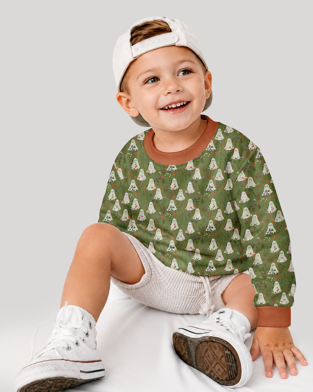 Cute Ghost Halloween Moss Green Floral Bamboo Crewneck Sweatshirt