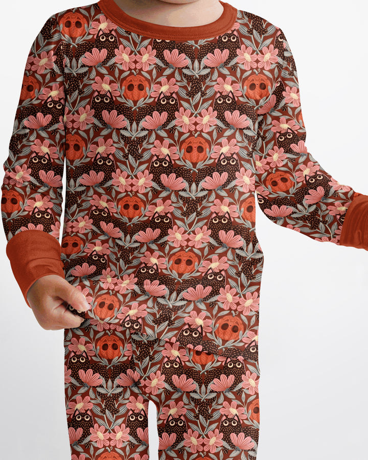 Spooky Owl Pumpkin Folk Floral Halloween Bamboo Two Piece Long Sleeve Pajama Set